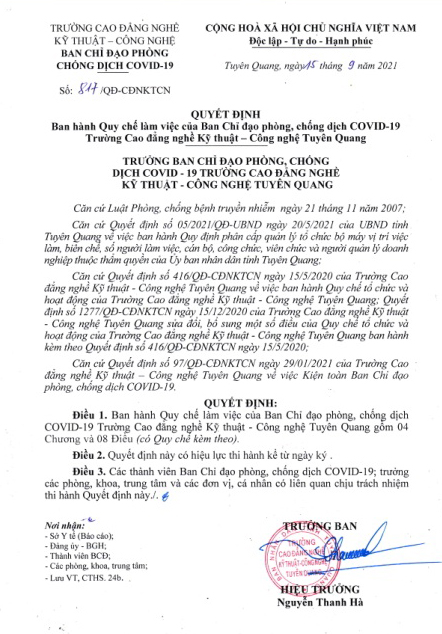Quyết định số 817: Ban hành quy chế làm việc của Ban chỉ đạo phòng, chống dịch Covid-19 