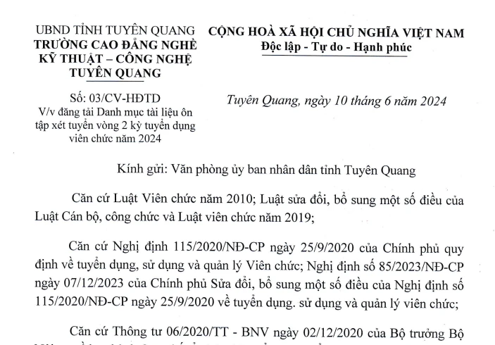 Thumbnail Số 03/CV-HĐTD: Danh mục tài liệu ôn tập xét tuyển vòng 2 kỳ tuyển dụng viên chức năm 2024