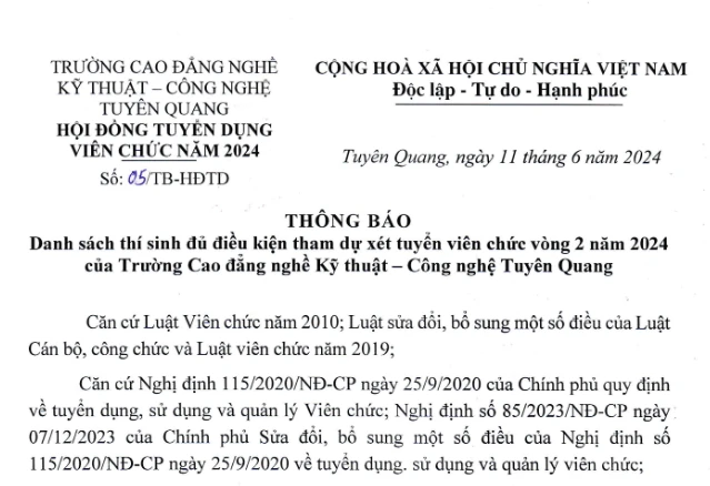Thumbnail Số 05/TB-HĐTD: Danh sách thí sinh đủ điều kiện tham dự xét tuyển viên chức vòng 2 năm 2024