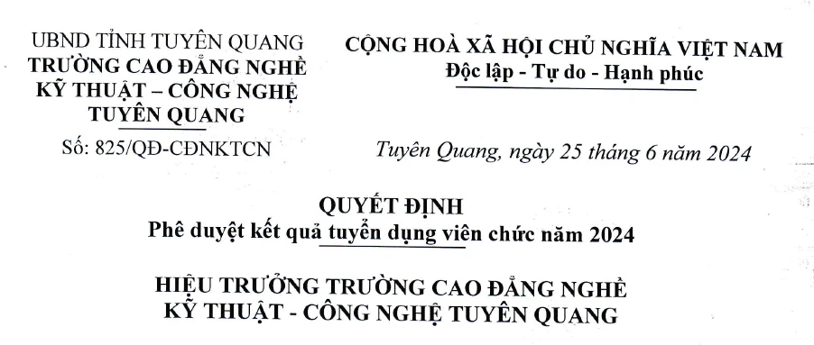 Thumbnail Số 825/QĐ-CĐNKTCN: Quyết định phê duyệt kết quả tuyển dụng viên chức năm 2024