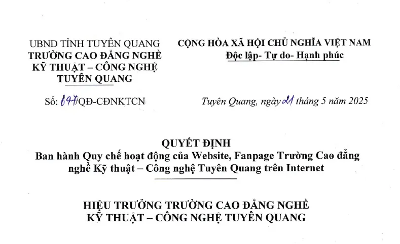 Thumbnail Ban hành Quy chế hoạt động Website, Fanpage trường Cao đẳng nghề Kỹ thuật - Công nghệ Tuyên Quang