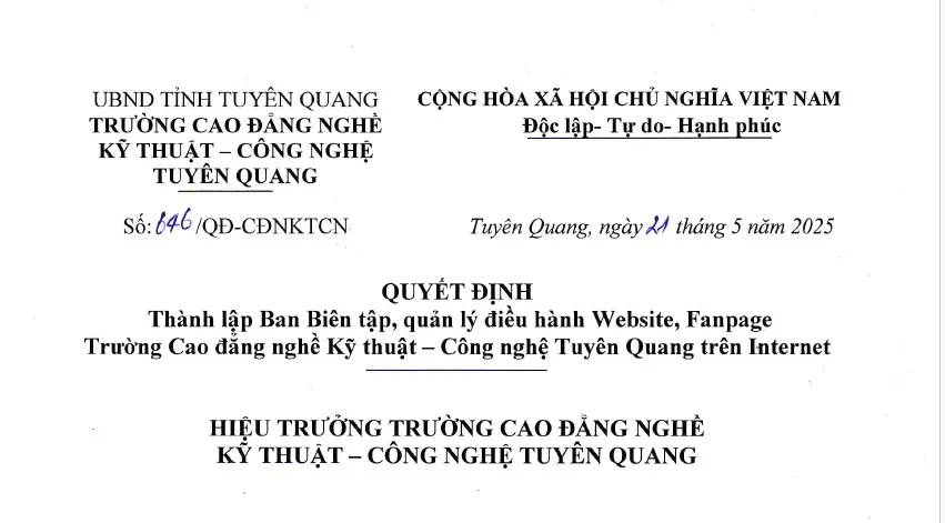 Thumbnail Quyết định thành lập Ban biên tập, quản lý điều hành Website/Fanpage trường Cao đẳng nghề Kỹ thuật - Công nghệ Tuyên Quang