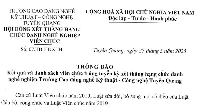 Thumbnail Số 07/TB-HĐXTH: Thông báo kết quả xét thăng hạng chức danh nghề nghiệp
