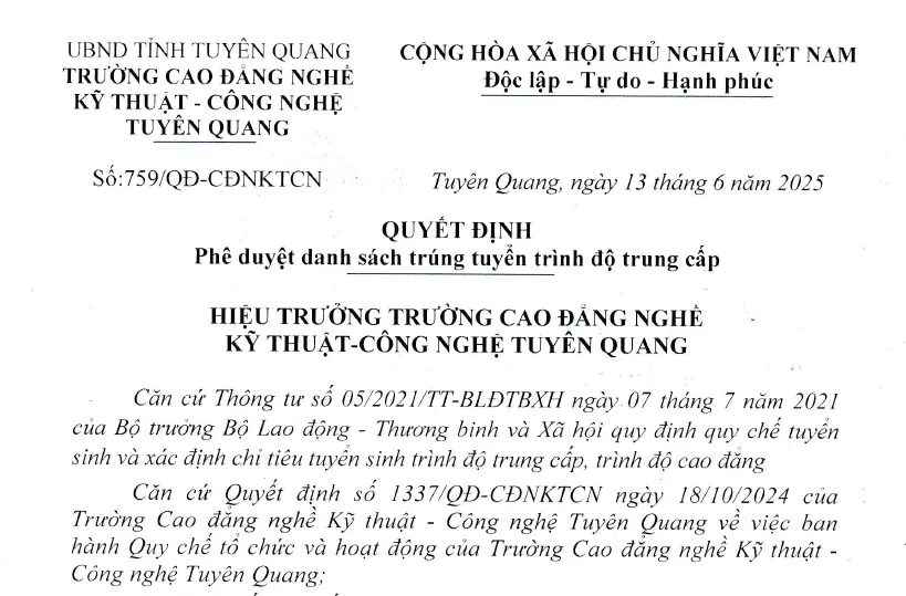 Thumbnail Quyết định phê duyệt danh sách trúng tuyển trình độ Trung cấp năm 2025