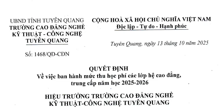 Thumbnail Quyết định Ban hành mức thu học phí các lớp hệ Cao đẳng, Trung cấp năm học 2025 - 2026