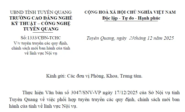 Thumbnail Tuyên truyền các quy định chính sách mới ban hành của tỉnh về lĩnh vực Nội vụ
