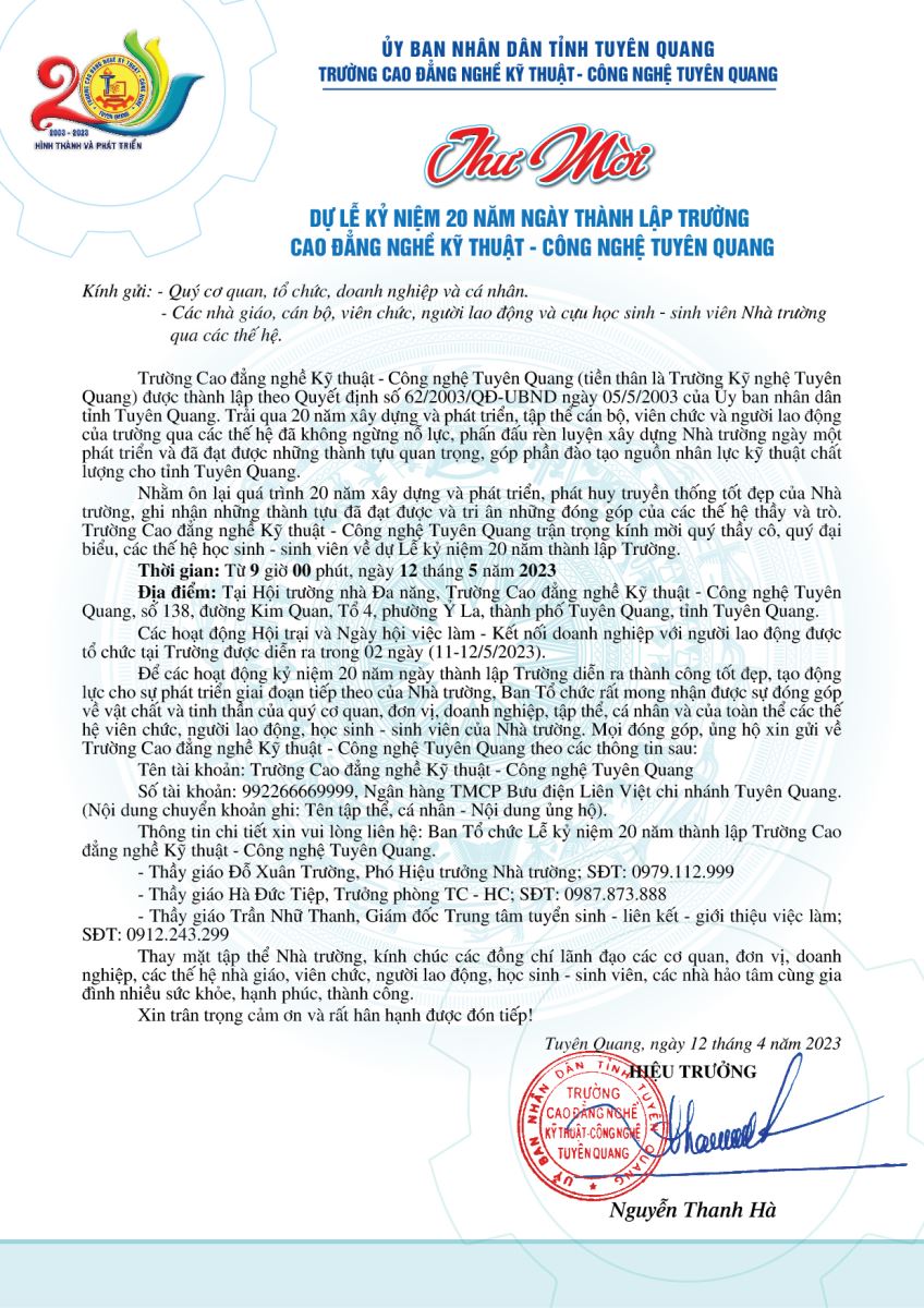 Thumbnail Thư mời dự lễ kỷ niệm 20 thành lập trường Cao đẳng nghề Kỹ thuật - Công nghệ Tuyên Quang