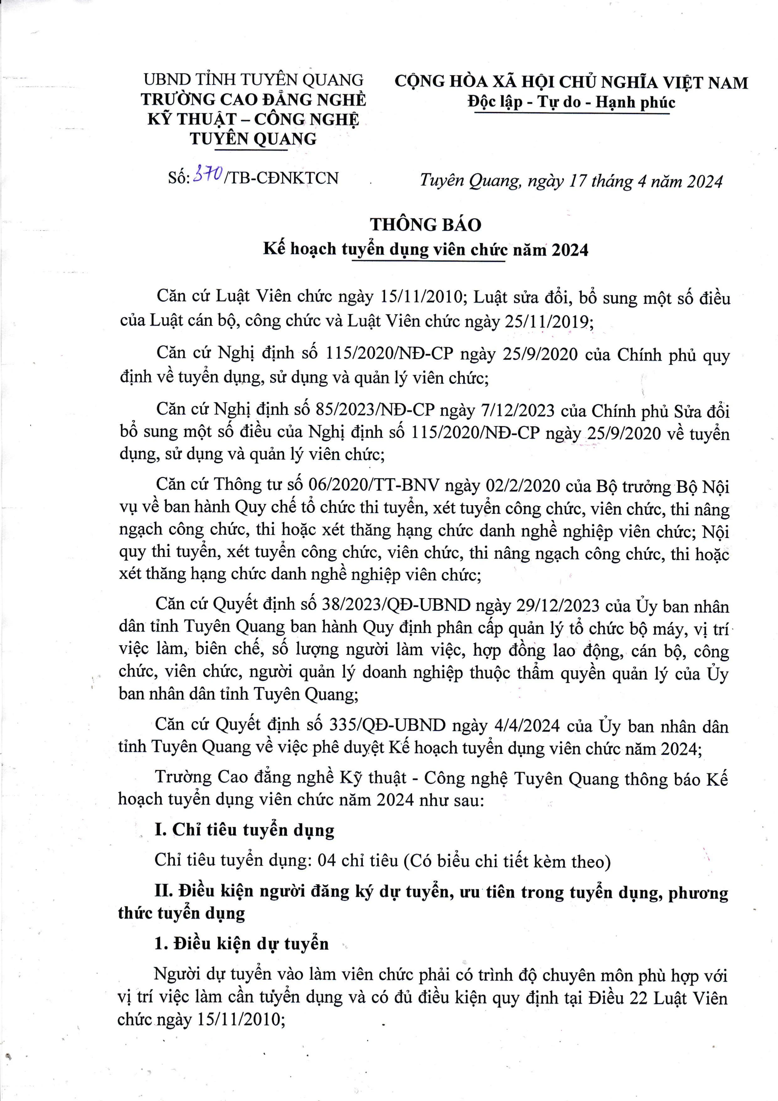 Thumbnail Số  370/TB-CĐNKTCN ngày 17 tháng 4 năm 2024: thông báo kế hoạch tuyển dụng viên chức năm 2024